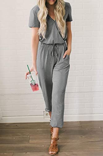 Prettygarden Women's Summer Casual Deep V Neck Short Sleeve Wrap Drawstring Waist Jumpsuit Romper (Grey,Medium) #TOP1