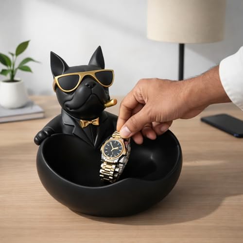 Image of Xtore Striking Bulldog Storage Organizer Figurine for Home & Office Decor | Modern Matte Black Dog Showpiece with Utility Bowl for Keys, Coins & Accessories (Black, 19.5 cm)