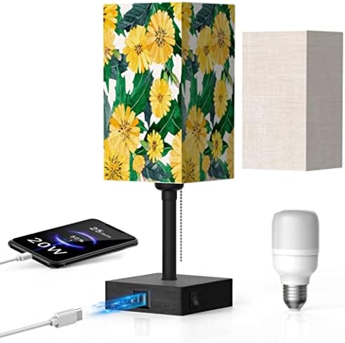 Table Lamps for Nightstand , Wood Small Sunflower Printed Bedside Lamp for Living Room Bedroom with 20W USB C + A Fast Charging Port & AC Outlet , for Office Reading Desk Home Dorm (Bulb Included)