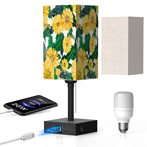 Table Lamps For Nightstand , Wood Small Sunflower Printed Bedside Lamp For Living Room Bedroom With 20W Usb C + A Fast Charging Port & Ac Outlet , For Office Reading Desk Home Dorm (Bulb Included) #TOP3