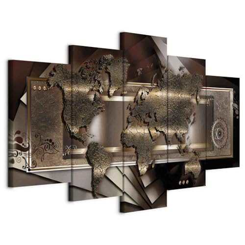 B&D XXL - Tableau Acoustique Carte du Monde 100x50 cm 5 Parties - Décoration Isolation Phonique Bureau Chambre Panneau Insonorisant Impression sur Toile - Carte du monde artistique k-A-0013-b-o