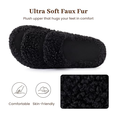 Image of RockDove Women's Pluffie Open Toe Slippers | Arch Support & Memory Foam, Cozy Faux Fur, Gift-Ready Design, Indoor & Outdoor Comfort