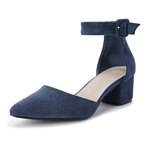 Chellysun Womens Pointed Toe Ankle Strap Buckle Low Chunky Heel Pumps Shoes Sandals