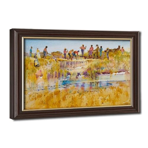 Toile décorative vintage Mending A Break in A Rice Field tableau encadré 30,5 x 45,7 cm