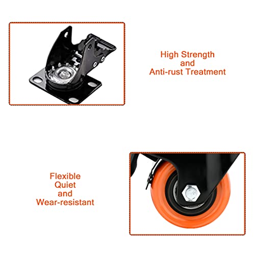 2 Charger les roues de roulette de pouce 600 Lbs, Roulettes en polyuréthane orange, Roues pivotantes de la plaque supérieure, Roulette 4, Roulettes de verrouillage pour meubles et travail,4 Roulettes avec frein