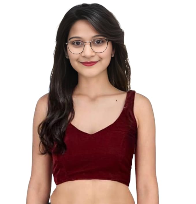 Sleeveless Velvet Crop Top, V-Neck Blouse, Maroon, Ready-to-Wear Fashion-image-23