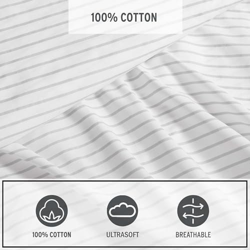 Eddie Bauer - Sheet Set, Luxurious Cotton Percale Bedding with Matching Pillowcase, Crisp & Cool, Fully Elasticized (Arden Stripe Grey, Twin) - Thumbnail 4