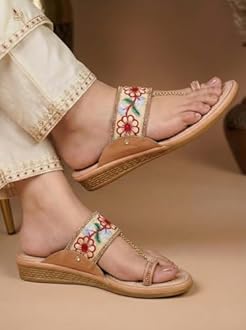 TREXXY Kolhapuri Embroidered Chappal for Women | Flat Fashion Sandals | Ethnic Slippers for Girls | Ethnic Flat Sandals | Toe-Ring Festive Slippers | Slip On Ethnic Flats Chappal