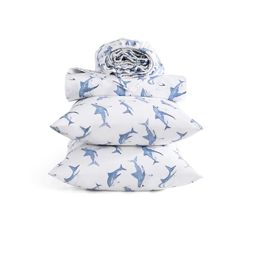 Image of Poppy & Fritz - Full Size Sheet Set, 100% Long-Staple Percale Cotton Bedding, Crisp & Cool, Deep Pockets, Bed Sheets with Matching Fitted Sheet & Pillowcases (Shark Attack Blue)