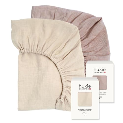 Image of Crib Sheets – Organic Cotton Muslin Fitted Crib Sheet – Standard Size for Baby Boy and Baby Girl 28" x 52" Ultra-Soft and Breathable- 2-Pack (Fog/Blush)