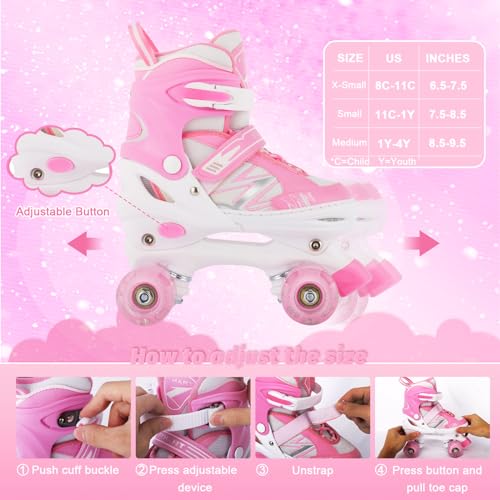 LIRENGUI Girls Roller Skates for Kids Children Beginner, Adjustable Kids Roller Skates with All Light Up Wheels for Sports, Pink & White (Small 11C-1 US) - image 2