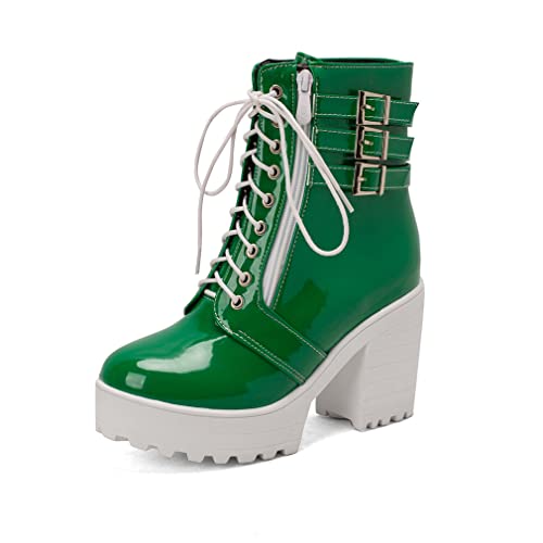MFairy Womens Fashion Platform Chunky Heel Patent Leather Boots Buckled Ankle High Booties, Green, 9