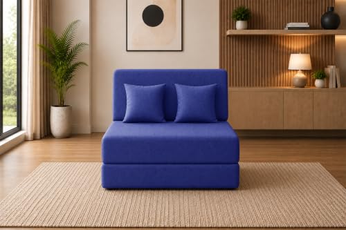 Image of Sofa Cum Bed with Jute Fabric, Convertible One Seater Sofa Bed 3x6 Ft, Comfortable Cushioned Seating, Space Saving Design for Living Room, Bedroom & Guest Room - Blue Color