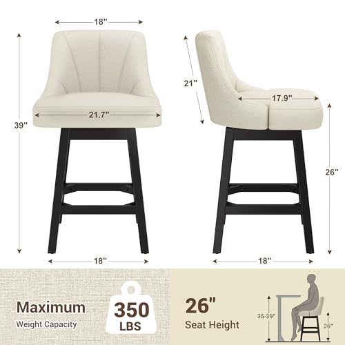 Image of YaFiti Swivel Bar Stool 1 Pcs, 26 Inch Counter Height Bar Stools with Backs, Modern Linen Fabric Extra Upholstered Barstools with Square Solid Wood Legs for Kitchen Island, Dining Room, Beige