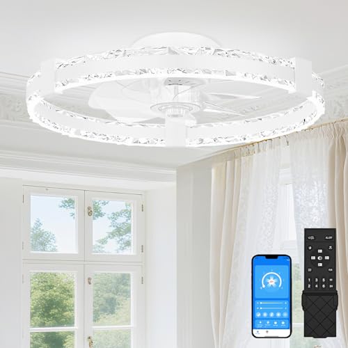 SUNKENET Ceiling Fans with Lights and Remote, 50cm LED Fan Ceiling Light, 3000K-6500K Dimmable Smart Ceiling Fan Light, 6 Wind Speeds & Reversible, White Queit Fan Light Ceiling for Bedroom