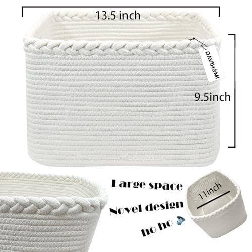 Image of Rectangular Woven Cotton Rope Basket for Organizing, Gift Baskets for Handles, Empty Gift Baskets, Medium Rope Basket|13.5 inch x 11 inch x 9.5 inch home decor for Toys,Towels, Pillows,Clothing（White）