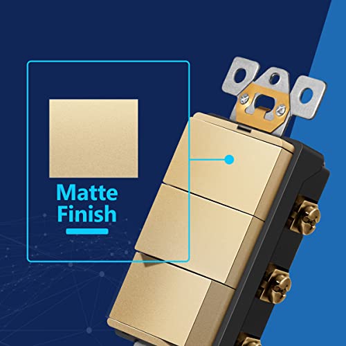Image of LIDER Lighted Triple Switch with Screwless Wall Plate, Combination Frameless Decorator Switch with Locator Light, Ground Terminal Single Pole, 15A 120V, UL Listed, Thermoplastic, Matte Gold, 2-Pack