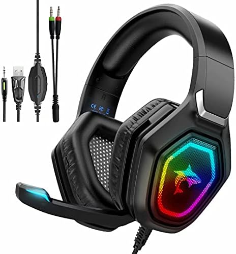 Wlevzzor Gaming Headset with Microphone PS5 Headset with Noise Canceling Mic RGB LED Light, Stereo Surround Sound Over Ear Gaming Headphone for PS5 PS4, Switch,Xbox One,Laptops,PC,Phones