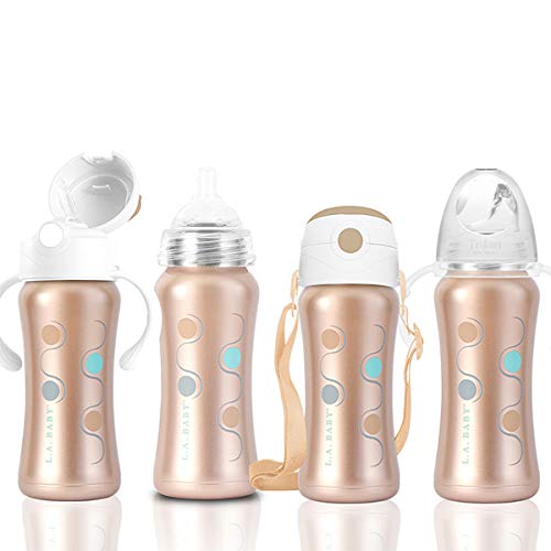 Ultimate 9Oz Stainless Steel Baby Bottle, Sippy Cup, & Insulated Toddler Water Bottle With Straw | All-In-1 Kit | Insulate 10+ Hours | Non-Toxic Food-Grade Stainless Steel | Spill-Proof - Rose Gold #TOP1