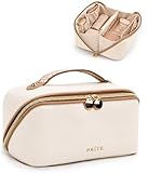 Prite Large Capacity Makeup Bag Portable Travel Cosmetic Bag Waterproof Toiletry Case with Clear Divider and Handle (Beige M)
