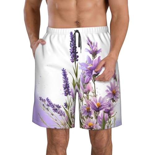 PHJAdq Pantalones cortos de playa de secado rápido para hombre, diseño de flores de lavanda con bolsillos, Flores de lavanda, S