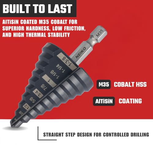 Image of NEIKO 10613B Step Drill Bit, 10 Steps 1 /4 inch to 1-3 /8 inch Straight M35 Cobalt, AlTiSiN Coated, 1 /4 inch Quick Change Step Bits for Steel, Metal, Wood, Plastic, Unibit Cone Drill Bits, Two Flute