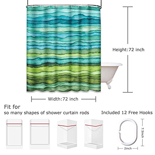Emvency Shower Curtain Abstract Bright Blue And Green Waves Stripped Watercolor Brush Drawn Waterproof Polyester Fabric 72 X 72 Inches Set With Hooks #TOP1