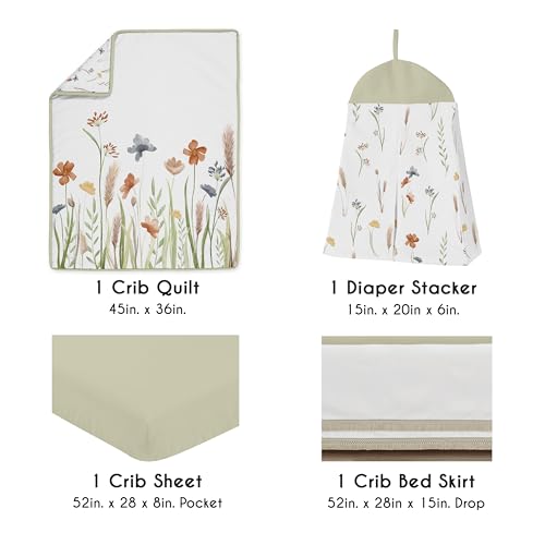 Image of Sweet Jojo Designs 4-Piece Baby Crib Bedding Set (Green Boho Floral) for Girls, Infants /Nursery incl. Blanket, Fitted Sheet, Skirt, Diaper Stacker (Flower, Garden, Bohemian, Farmhouse, Wildflower)
