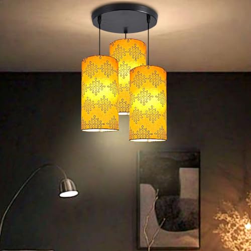 Image of 3 Set Hanging Cluster Light - Pendant Lamps in Cylindrical Shape for Living Rooms /Bed Rooms (Printed Kolam)