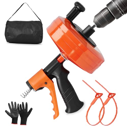 Image of 50 FT Drain Snake Auto-Feed Drill Attachment Plumbing Auger | 50 FT Drain Snake Auger, Auto-Feed & Drill-Powered, Heavy Duty Steel Cable, Gloves & Hair Removers