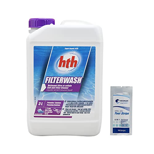 HTH FILTERWASH Liquide teinté - 3L | Nettoyant Filtre et Cellule Electrolyse + 10 Tests HPS OFFERTS 6 en 1
