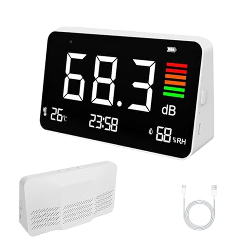4-in-1 Dezibel Messgerät, DB Messgerät mit LED-Anzeige, Schallpegelmessgerät 30–130dB Lärm-, Zeit-, Temperatur- & Luftfeuchtigkeit Messgerät, Dezibelmessgerät für Zuhause Klassenzimmer Büro Bibliothek