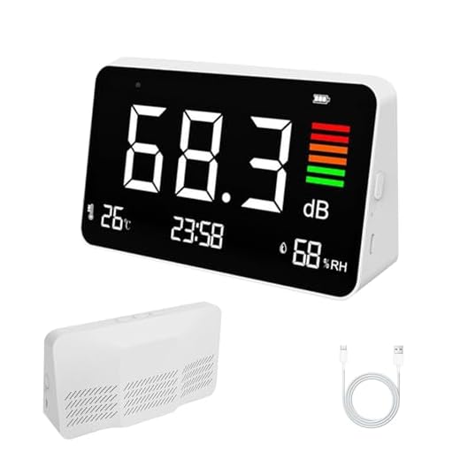 4-in-1 Dezibel Messgerät, DB Messgerät mit LED-Anzeige, Schallpegelmessgerät 30–130dB Lärm-, Zeit-, Temperatur- & Luftfeuchtigkeit Messgerät, Dezibelmessgerät für Zuhause Klassenzimmer Büro Bibliothek