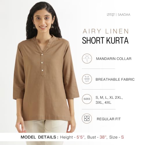 Image of SAADAA Women Short Kurti Airy Linen Regular Fit Kurta with 3 /4th Sleeves, Mandarin Collar, Side Slit Perfect for Casual, Formal, and Ethnic Wear