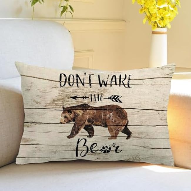 2Pack Forest Animals Pillow Cover Double-sided printed Wood Grain Background Wake The Bear Rectangular/Waist Cushion Cover Vintage Style Farmhouse Home Decor Pillowcases 12 x 20 for Patio Sofa Couch