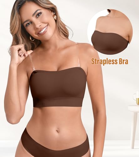Image of DEANGELMON Strapless Bras for Women Wireless Push Up Non-Slip Bandeau Bra Seamless Clear Straps TubeTop Padded Bralette