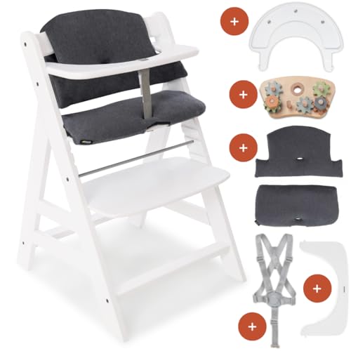 hauck Set de Silla de Madera para Niños Alpha Plus, Bandeja de Juego Play Tray, Juguete Motricidad Fina y Cojín de 2 Piezas, Tronas de Bebe Evolutiva desde 6 Meses - Blanco