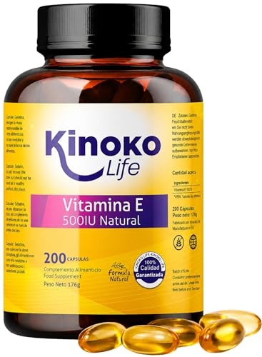 Vitamina E Cápsulas 500 UI Natural 200 Softgels D Alfa Tocoferol Vitamina E Pura Alta Concentración Sin Soja Sin Gluten Non GMO Kinoko Life