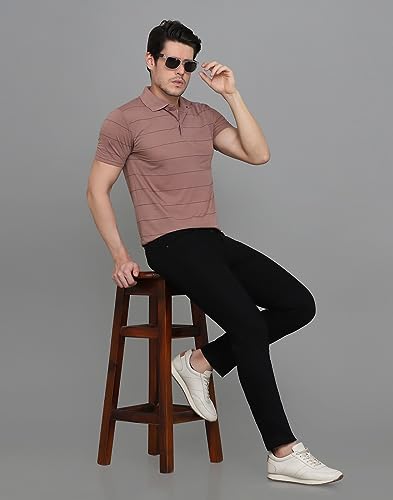 Image of INKKR Men's Striped Polo Neck Cotton Blend Multicolor T-Shirt