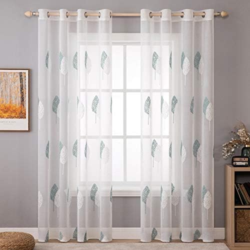 MIULEE Wohnzimmer Vorhänge Transparent mit Türkis und Weiss Blätter Muster, Modern Stickerei Gardinen Ösen für Schlafzimmer Deko, 2er Set Schöne Blätter Muster Vorhang Fenster H 24