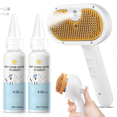 Image of Pet Steam Brush for Dog & Cat - 3-in-1 Spray Hair Removal Comb for Shedding & Grooming, Softens Fur & Reduces Static - Water Brush for Long & Short Coats, Bath-Hating Pets, Includes Waterless Shampoo