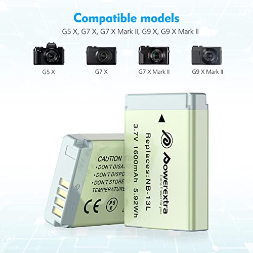 Powerextra 2 Pack Nb-13L Battery And Travel Charger Compatible With Canon Powershot G5 X G7 X G7 X Mark Ii G9 X G9 X Mark Ii Sx620 Hs Sx720 Hs Sx730 Hs Digital Camera #TOP4