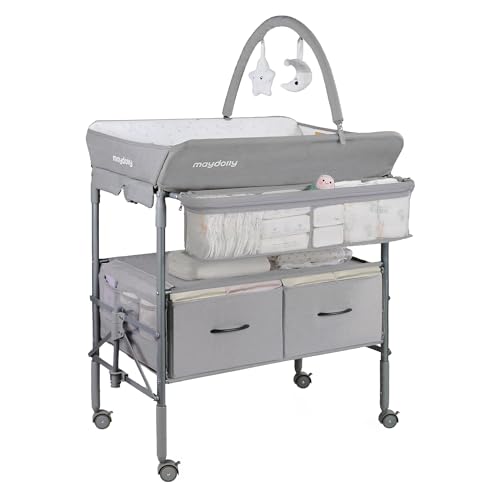 Image of Maydolly Baby Changing Table, Portable Folding Changing Table with Wheels, Waterproof and Adjustable Height, Premium Diaper Changing Station with Two Drawers, Mobile Nursery for Newborn (Grey)