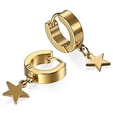 JewelryWe par de acero inoxidable semental aro, aro para hombre luna Dangle Charms pendientes con bisagras pendientes Set, 2pcs (Dorado-b)