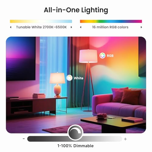 TREATLIFE Smart Light Bulbs 4 Pack, UL Certified 2.4GHz Color Changing Light Bulb, Works with Alexa Google Home, A19 E26 Dimmable LED Light Bulb 9W 800 Lumen for Party Decoration, Smart Home Lighting