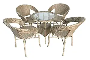 Omex Design Furniture Wicker Pattio Set D-12 Chair Table 4+1 | 4 Chair 1 Table with Glass Top | Indoor Outdoor Furniture | Color Honey & Golden Brown