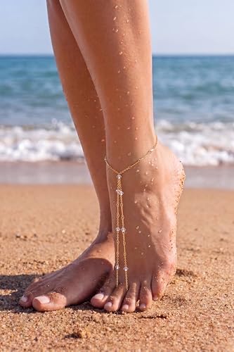 Image of Dainty Anklet for Women - Trendy 14K Gold Plated Ankle Bracelets Adjustable Bead Link Chain Waterproof Pearl CZ Anklets Non Tarnish Foot Jewelry Gift