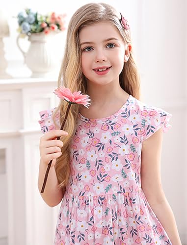 Little Girls Summer Flutter Sleeve Cute Boho Floral Dresses Kids Ruffle Pleated A Line Empire Waist Flowy Sundress2