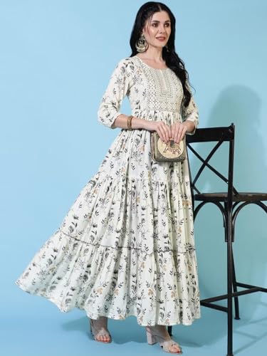 Image of Women Rayon Regular Fit Floral Printed Mirror Work Tiered Anarkali Kurta