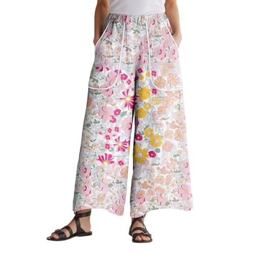 Wide Leg Linen Pants for Women Plus Size High Waisted Elastic Waistband Loose Trousers with Deep Pockets
